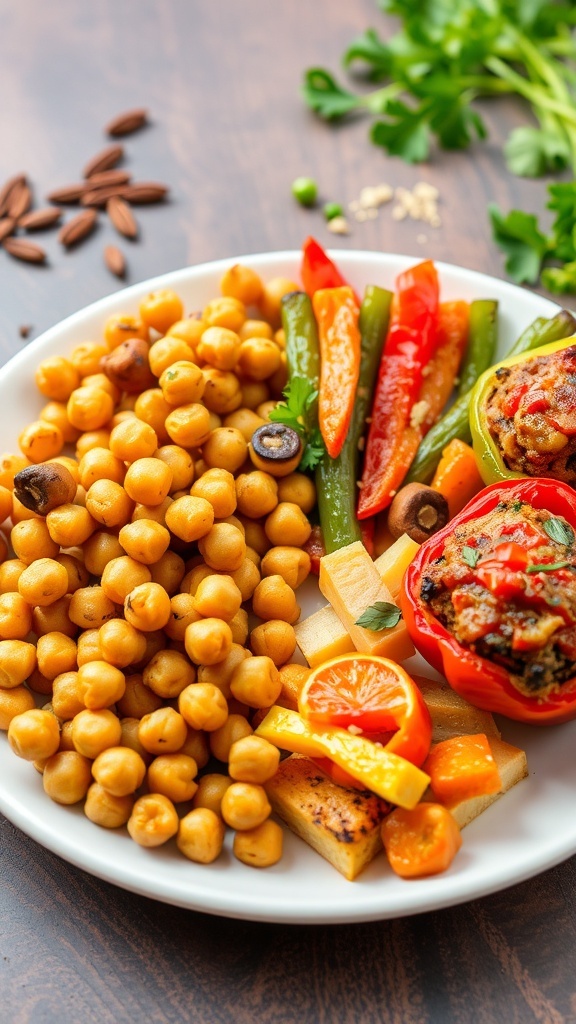 A colorful assortment of vegetarian air fryer meals including chickpeas, roasted vegetables, and stuffed bell peppers on a rustic kitchen table.